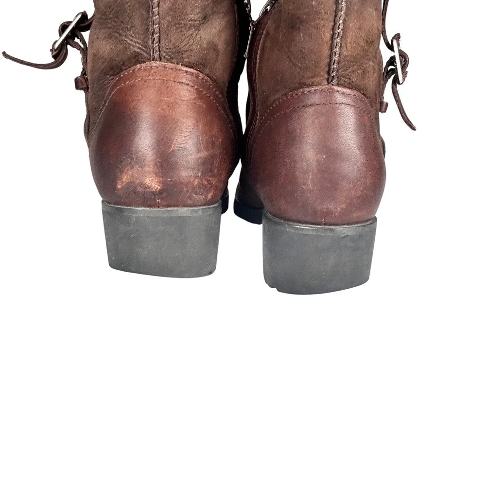 UGG Bellevue Sheepskin Foldover Boots Brown Leather Suede Shearling Buckle Sz‎ 8